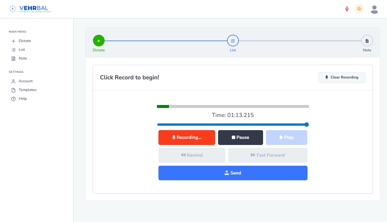Live Recording interface in VEHRBAL