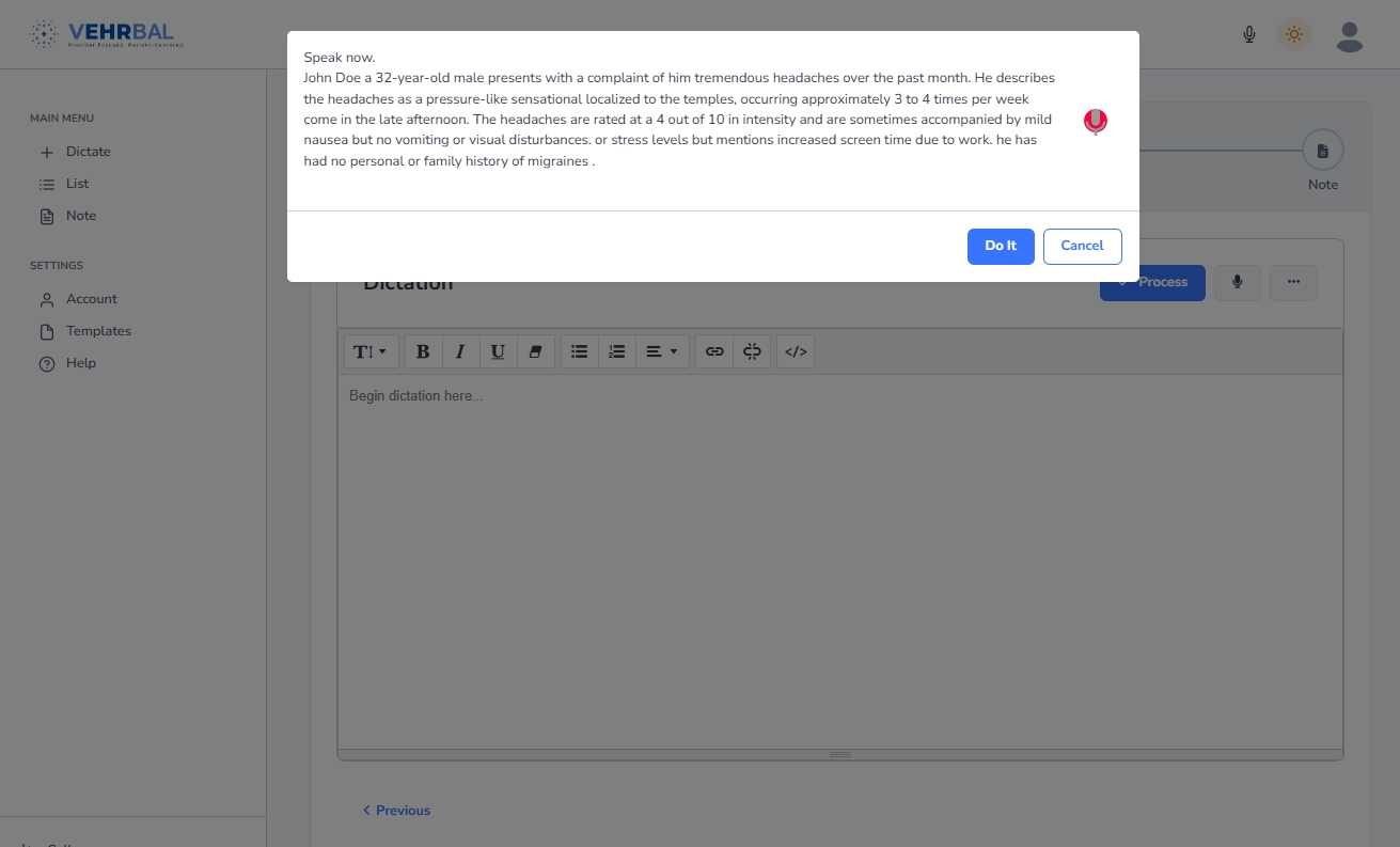 Live Dictation modal view in VEHRBAL